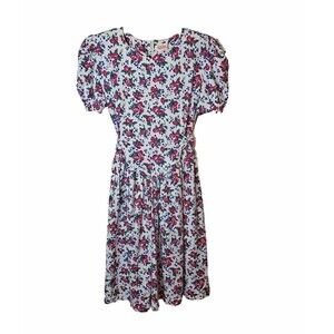 Polly Flinders Girls Drop Waist Dress Pink Floral Sashes Short Puff Sleeve Sz ??